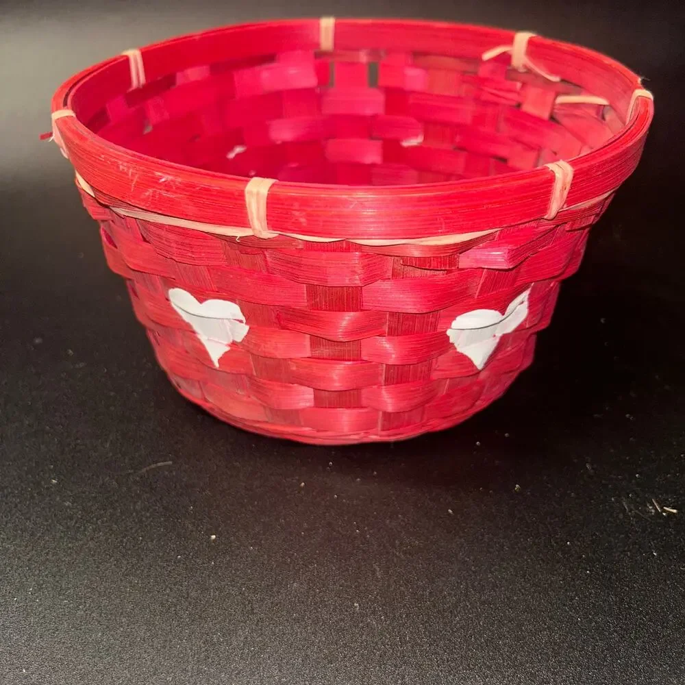 Vintage Valentine's Day Red White Heart Wicker Woven Basket